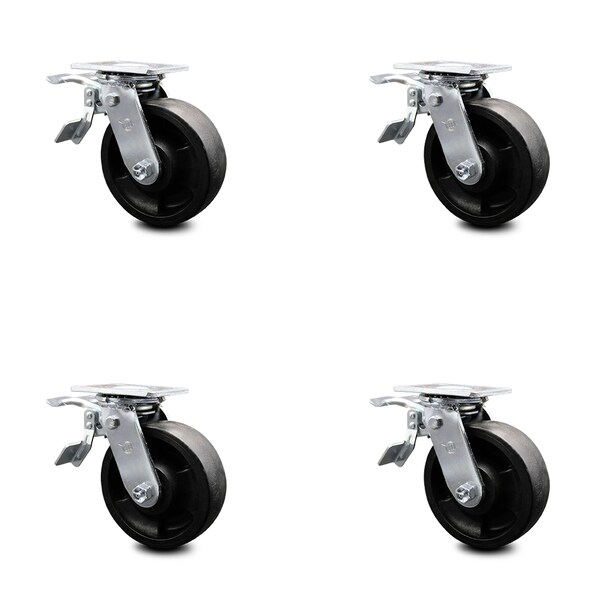 6 Inch Glass Filled Nylon Caster Set with Roller Bearings and Total Lock Brakes